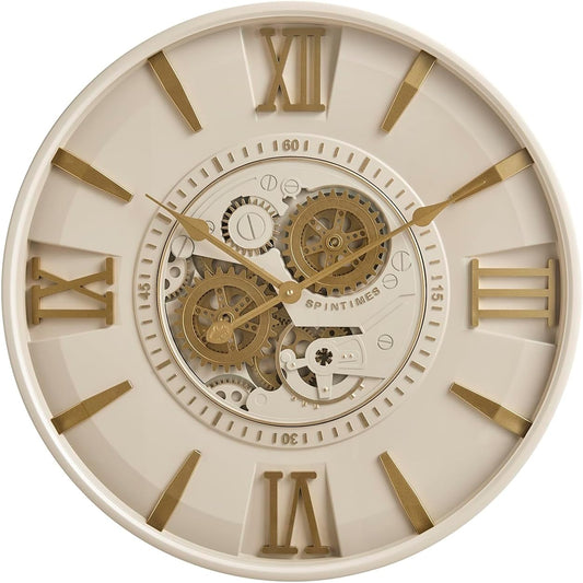 CLXEAST Mid Century Minimalist Modern Wall Clocks,24 Inch Wall Clock with Moving Gears, Large Cream Gold Wall Clocks for Living Room Decor,House Warming Gifts New Home