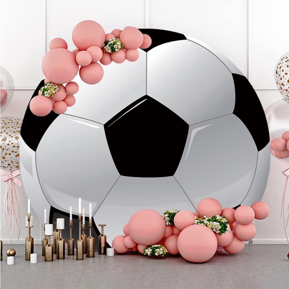 Leyiyi 5x5ft Soccer Round Backdrop Black and White Round Backdrop Cover Sports Theme Football Background for Kis Boys Man Birthday Party Newborn Soccer Gender Reveal Party Decoration Banner