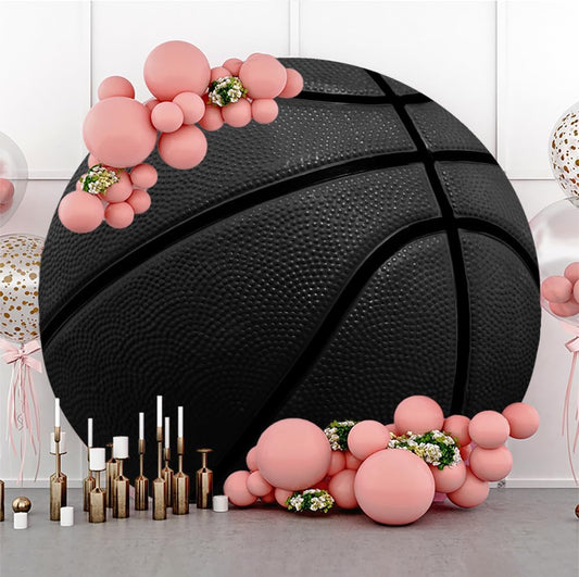 Leyiyi 5.5x5.5ft Basketball Round Backdrop Cover Black Basketball Round Backdrop Basketball Match Sports Theme Circle Photography Background for Boys Baby Shower Newborn Gender Reveal Party Decor