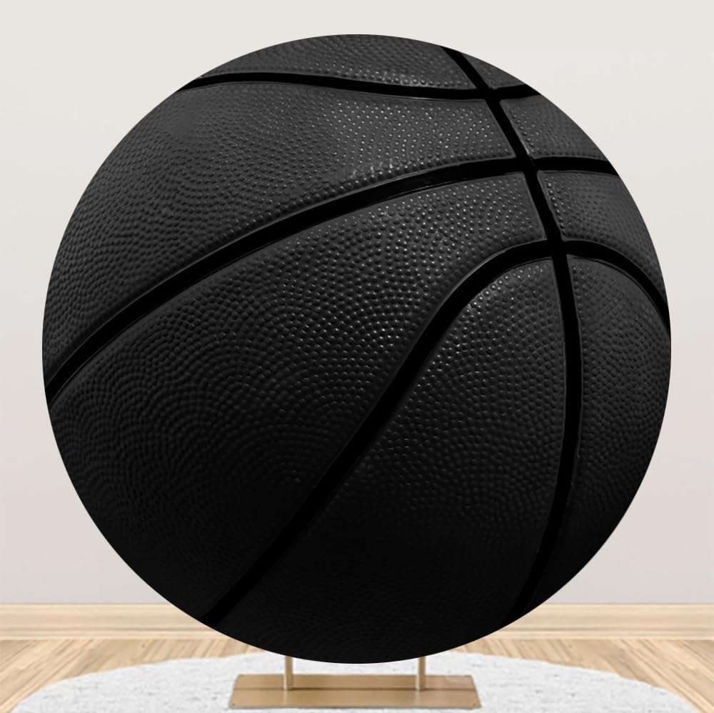 Leyiyi 5.5x5.5ft Basketball Round Backdrop Cover Black Basketball Round Backdrop Basketball Match Sports Theme Circle Photography Background for Boys Baby Shower Newborn Gender Reveal Party Decor