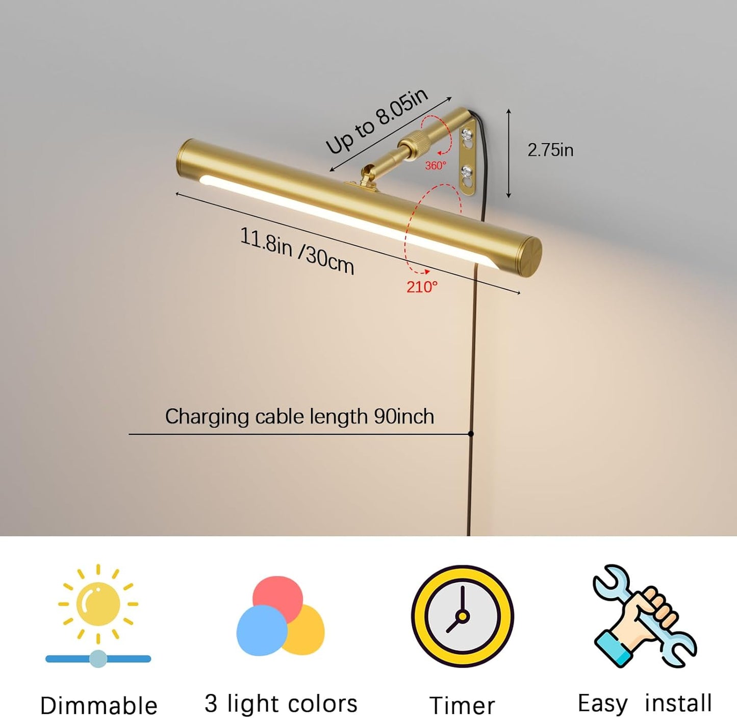 4W Picture Light Plug in, 12" Adjustable LED Art Light with Remote Control, Dimmable Wall Light for Picture Display Dartboard Art Work (Gold)