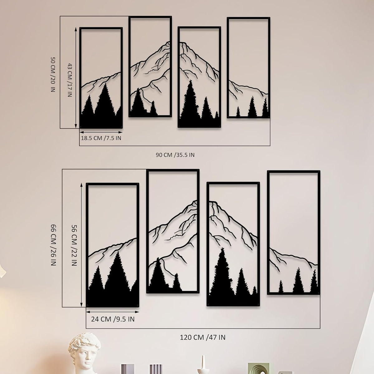 ruelen 4 Pcs Metal Mountain and Forest Wall Decor Line Drawing Wall Art Abstract Minimalist Wall Art Rustic Nature Wall Decor for Home Office Kitchen Bathroom Living Room(Black, large)