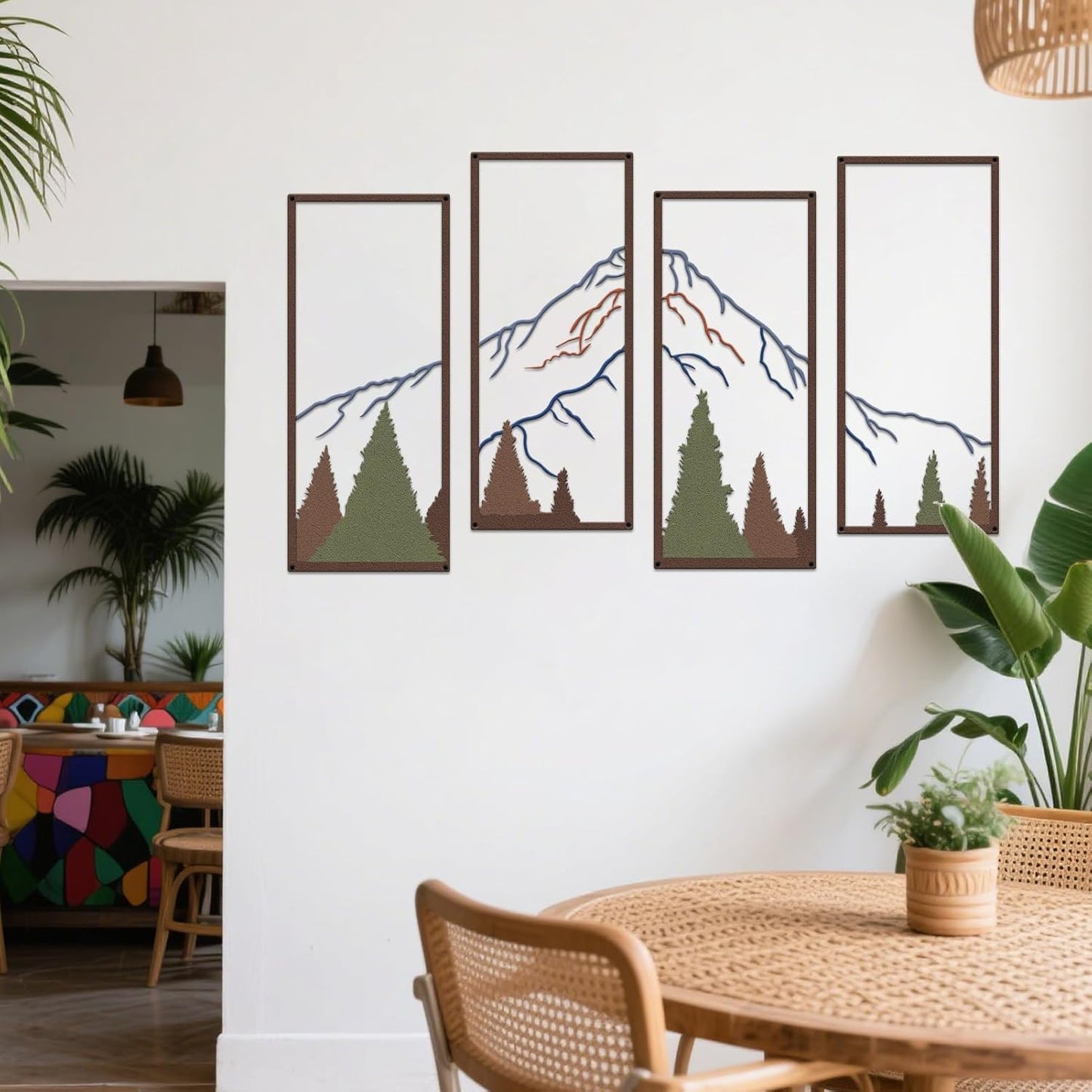 ruelen 4 Pcs Metal Mountain and Forest Wall Decor Colorful Landscape Mountain Wall Art Pine Tree Forest Wall Decoration Rustic Nature Wall Decor for Living Room Home Office Bathroom Indoor (Large)