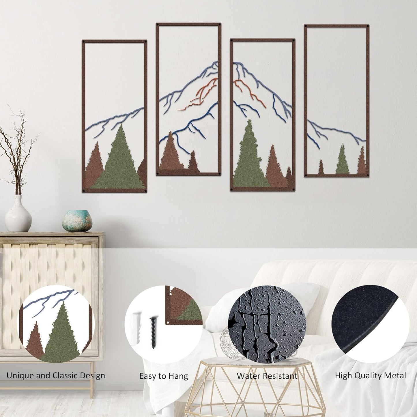 ruelen 4 Pcs Metal Mountain and Forest Wall Decor Colorful Landscape Mountain Wall Art Pine Tree Forest Wall Decoration Rustic Nature Wall Decor for Living Room Home Office Bathroom Indoor (Large)