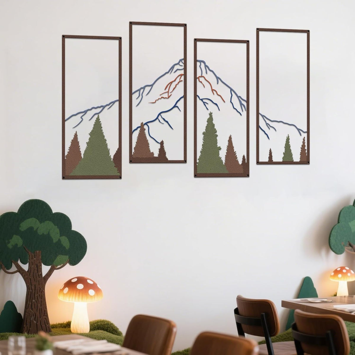 ruelen 4 Pcs Metal Mountain and Forest Wall Decor Colorful Landscape Mountain Wall Art Pine Tree Forest Wall Decoration Rustic Nature Wall Decor for Living Room Home Office Bathroom Indoor (Large)