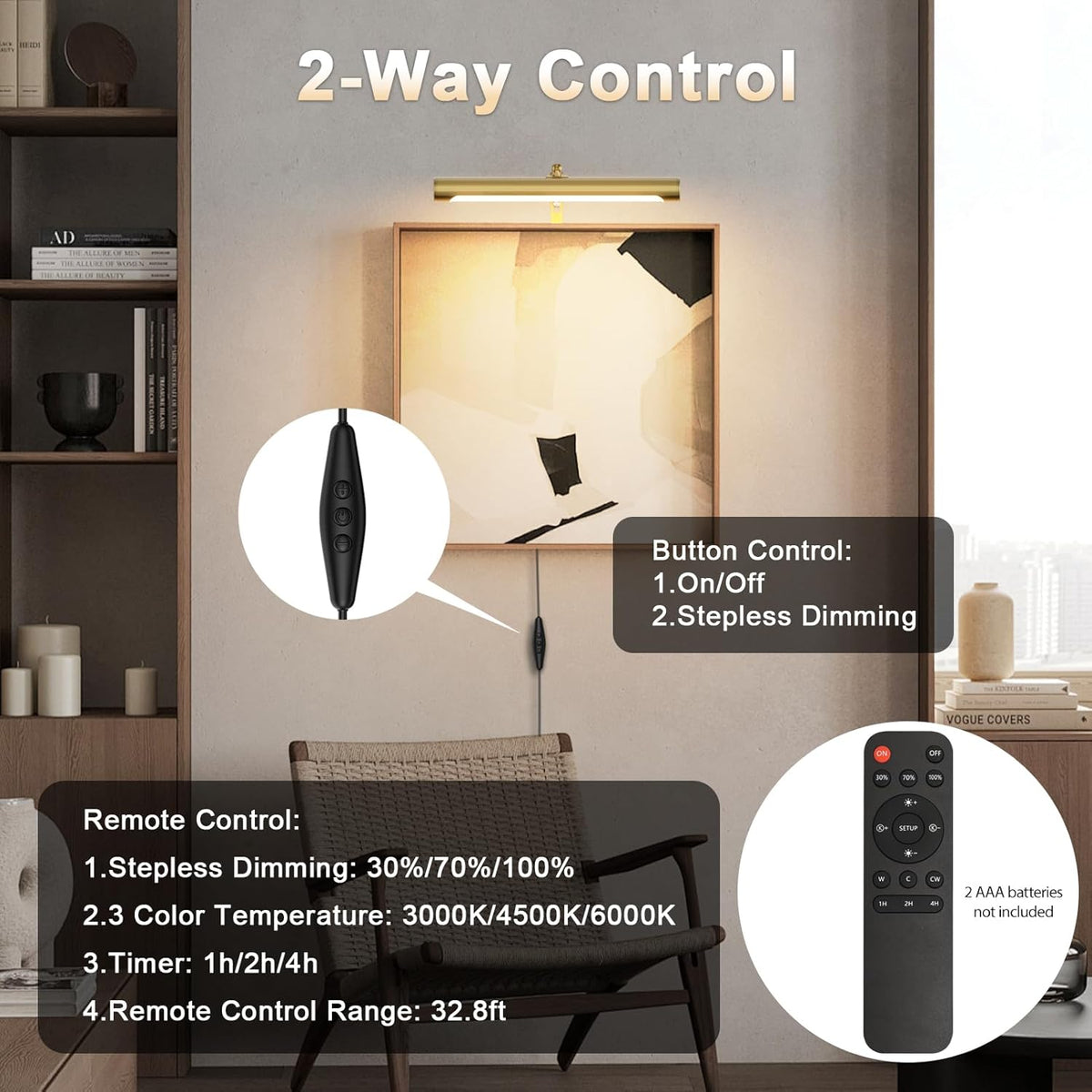 4W Picture Light Plug in, 12" Adjustable LED Art Light with Remote Control, Dimmable Wall Light for Picture Display Dartboard Art Work (Gold)