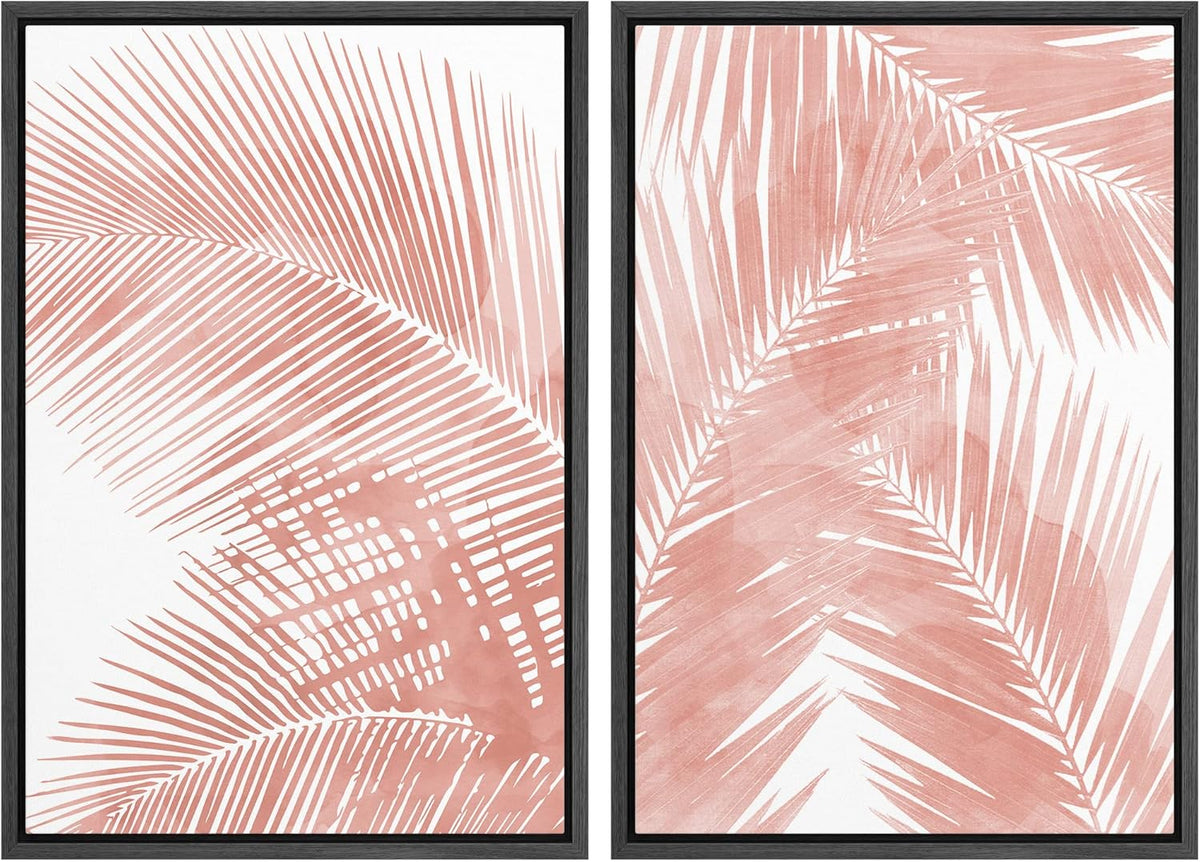 SIGNWIN Framed Canvas Print Wall Art Set Tropical Red Pastel Palm Leaf Plants Nature Wilderness Illustrations Modern Art Decorative Rustic Chic for Living Room, Bedroom, Office - 24"x36"x2 Black