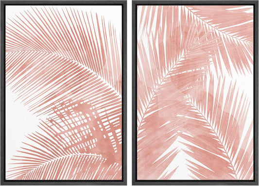 SIGNWIN Framed Canvas Print Wall Art Set Tropical Red Pastel Palm Leaf Plants Nature Wilderness Illustrations Modern Art Decorative Rustic Chic for Living Room, Bedroom, Office - 24"x36"x2 Black