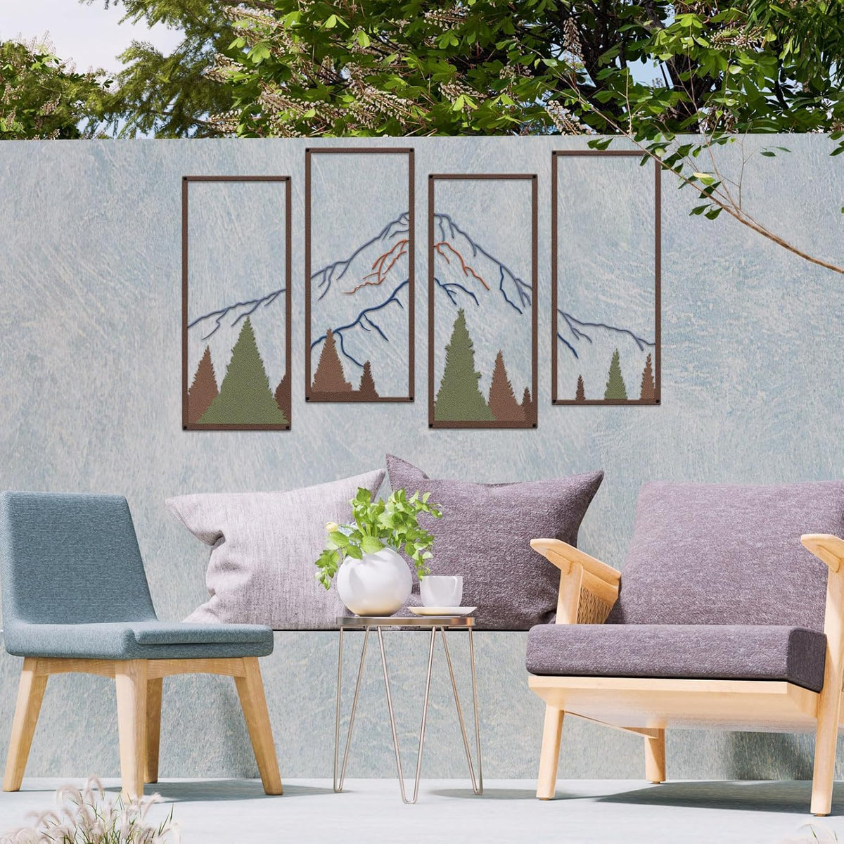 ruelen 4 Pcs Metal Mountain and Forest Wall Decor Colorful Landscape Mountain Wall Art Pine Tree Forest Wall Decoration Rustic Nature Wall Decor for Living Room Home Office Bathroom Indoor (Large)