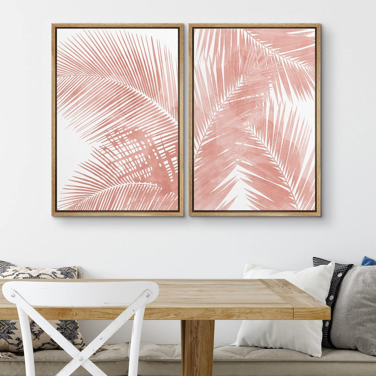 SIGNWIN Framed Canvas Print Wall Art Set Tropical Red Pastel Palm Leaf Plants Nature Wilderness Illustrations Modern Art Decorative Rustic Chic for Living Room, Bedroom, Office - 16"x24"x2 Natural