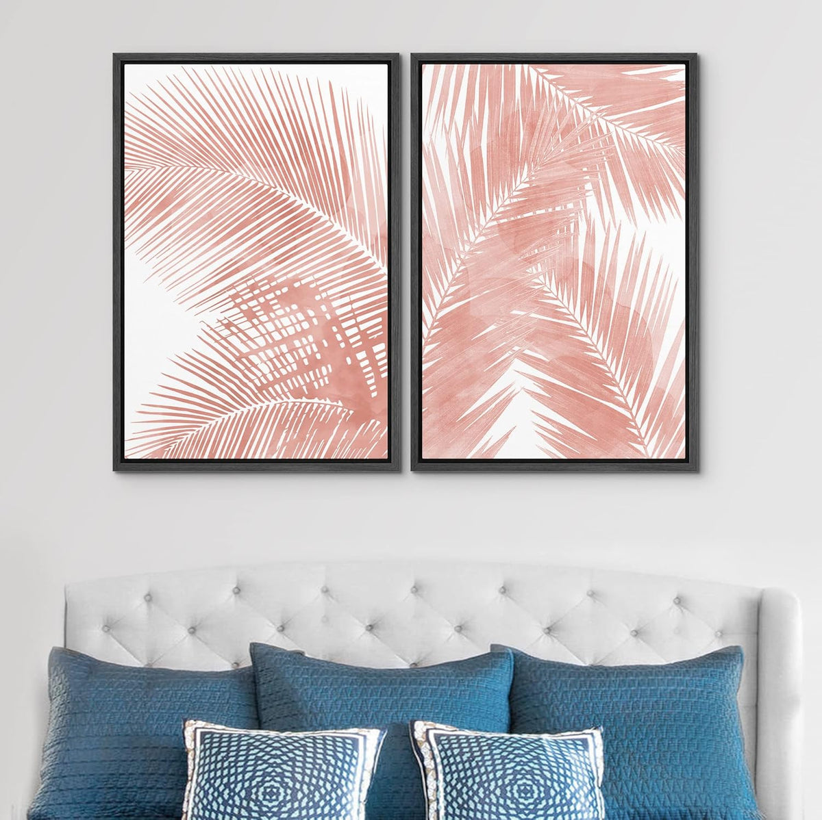 SIGNWIN Framed Canvas Print Wall Art Set Tropical Red Pastel Palm Leaf Plants Nature Wilderness Illustrations Modern Art Decorative Rustic Chic for Living Room, Bedroom, Office - 24"x36"x2 Black