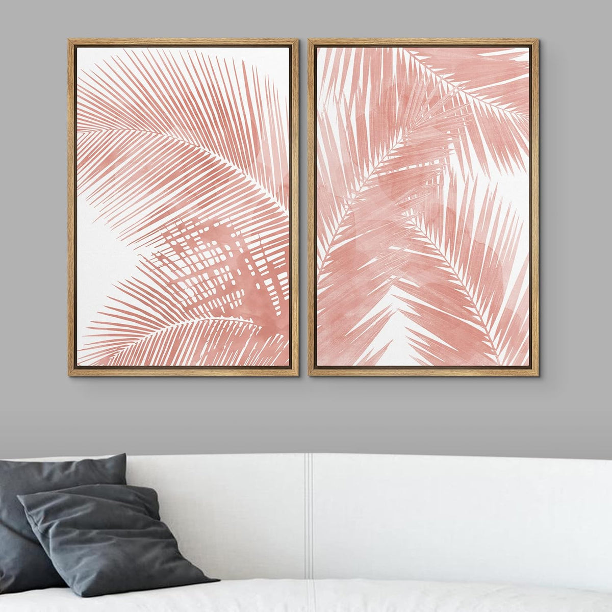 SIGNWIN Framed Canvas Print Wall Art Set Tropical Red Pastel Palm Leaf Plants Nature Wilderness Illustrations Modern Art Decorative Rustic Chic for Living Room, Bedroom, Office - 16"x24"x2 Natural
