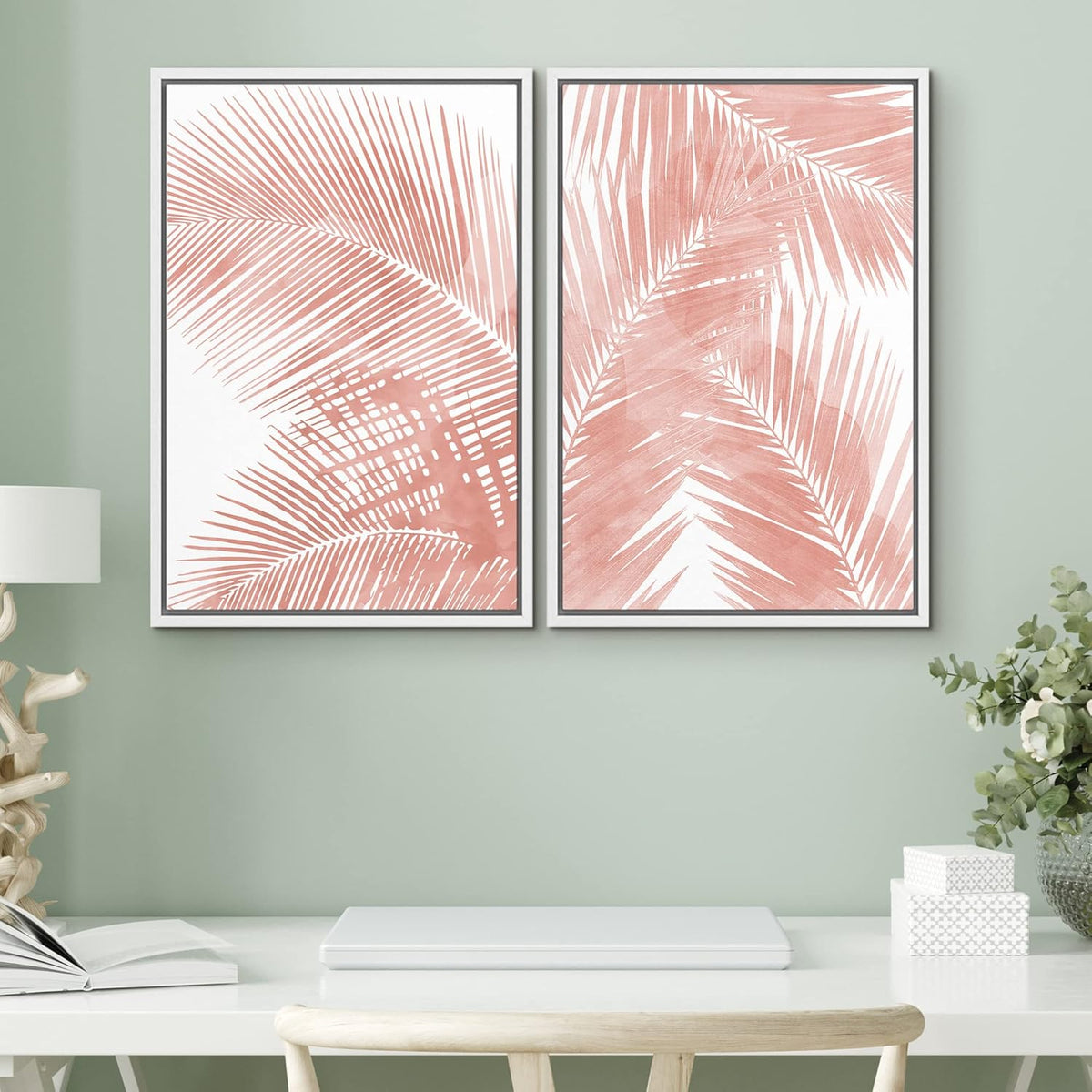 SIGNWIN Framed Canvas Print Wall Art Set Tropical Red Pastel Palm Leaf Plants Nature Wilderness Illustrations Modern Art Decorative Rustic Chic for Living Room, Bedroom, Office - 24"x36"x2 White