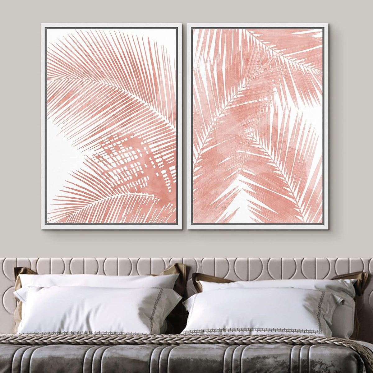 SIGNWIN Framed Canvas Print Wall Art Set Tropical Red Pastel Palm Leaf Plants Nature Wilderness Illustrations Modern Art Decorative Rustic Chic for Living Room, Bedroom, Office - 24"x36"x2 White