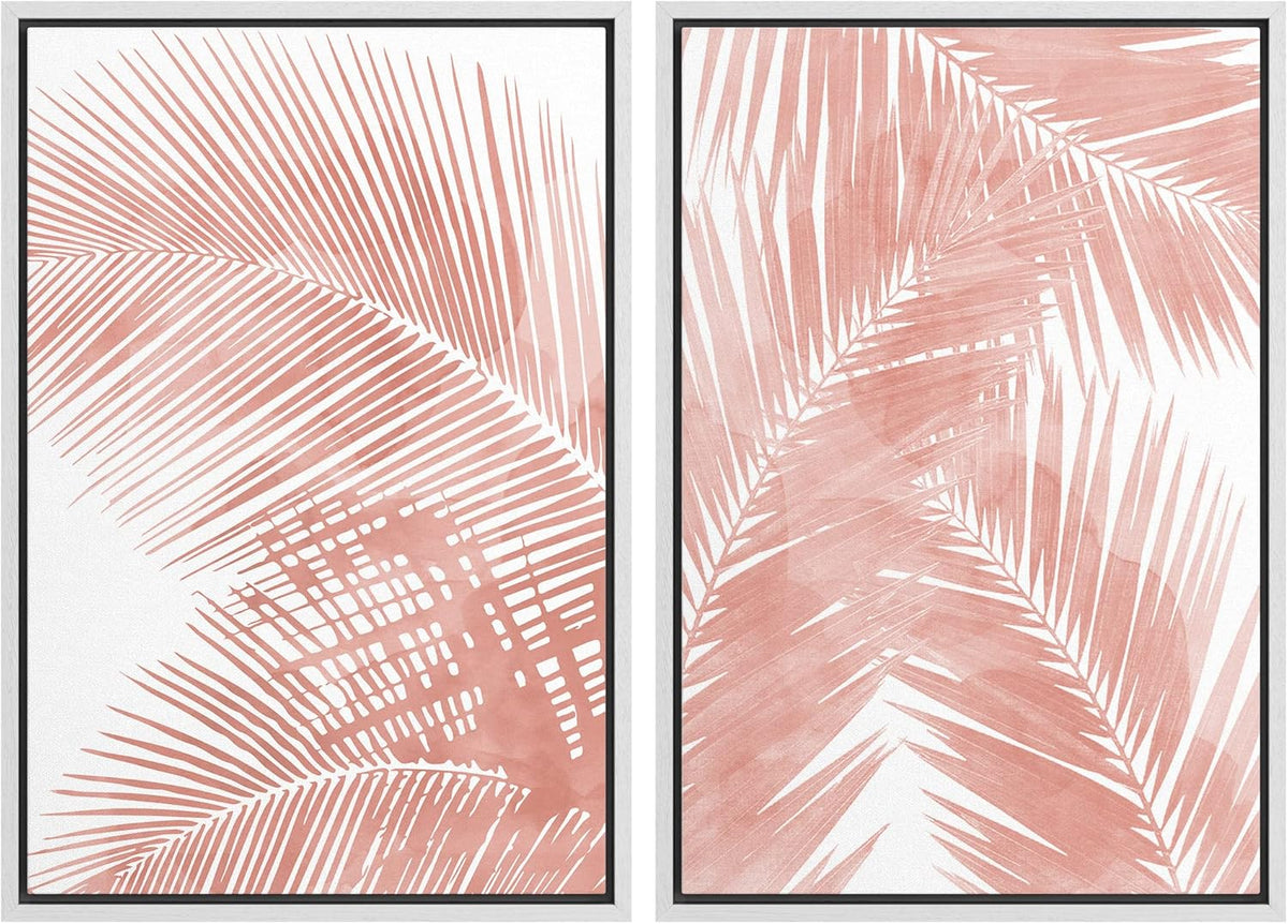 SIGNWIN Framed Canvas Print Wall Art Set Tropical Red Pastel Palm Leaf Plants Nature Wilderness Illustrations Modern Art Decorative Rustic Chic for Living Room, Bedroom, Office - 24"x36"x2 White