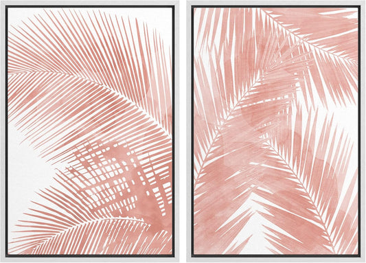 SIGNWIN Framed Canvas Print Wall Art Set Tropical Red Pastel Palm Leaf Plants Nature Wilderness Illustrations Modern Art Decorative Rustic Chic for Living Room, Bedroom, Office - 24"x36"x2 White